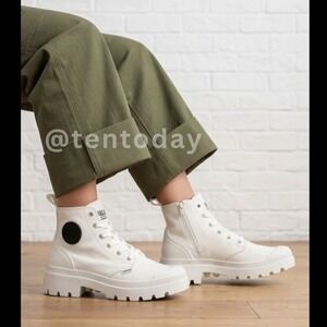 Palladium Size 10 White Canvas Chunky High Top Vegan Combat Boots Sneakers Shoes